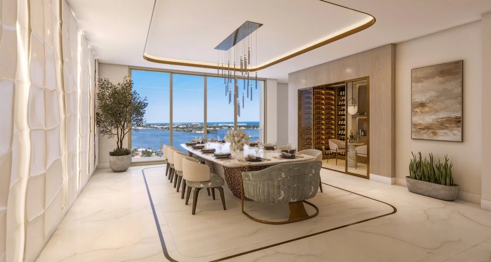 Formal dining area of penthouse at Maison d'Or in West Palm Beach, FL, on sale for $39,700,000