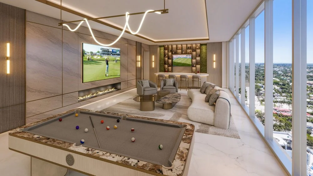 Game room of penthouse at Maison d'Or in West Palm Beach, FL, on sale for $39,700,000