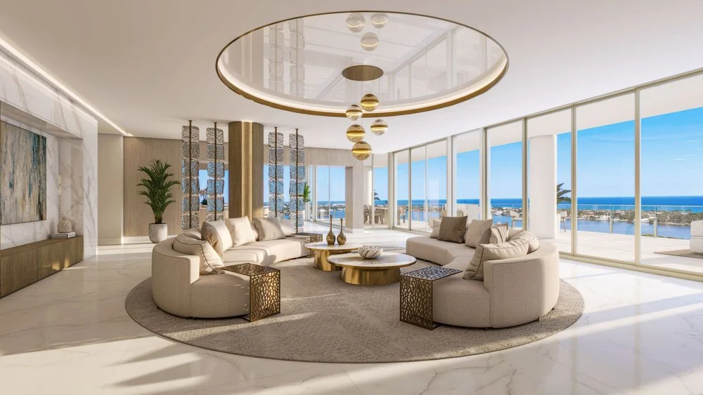 Great room of penthouse at Maison d'Or in West Palm Beach, FL, on sale for $39,700,000